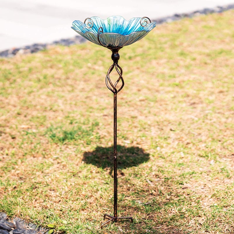 MUMTOP 31 Inch Height Glass Birdbath Birdfeeder with Metal Stake Garden Yard Outdoor Blue - Image 2